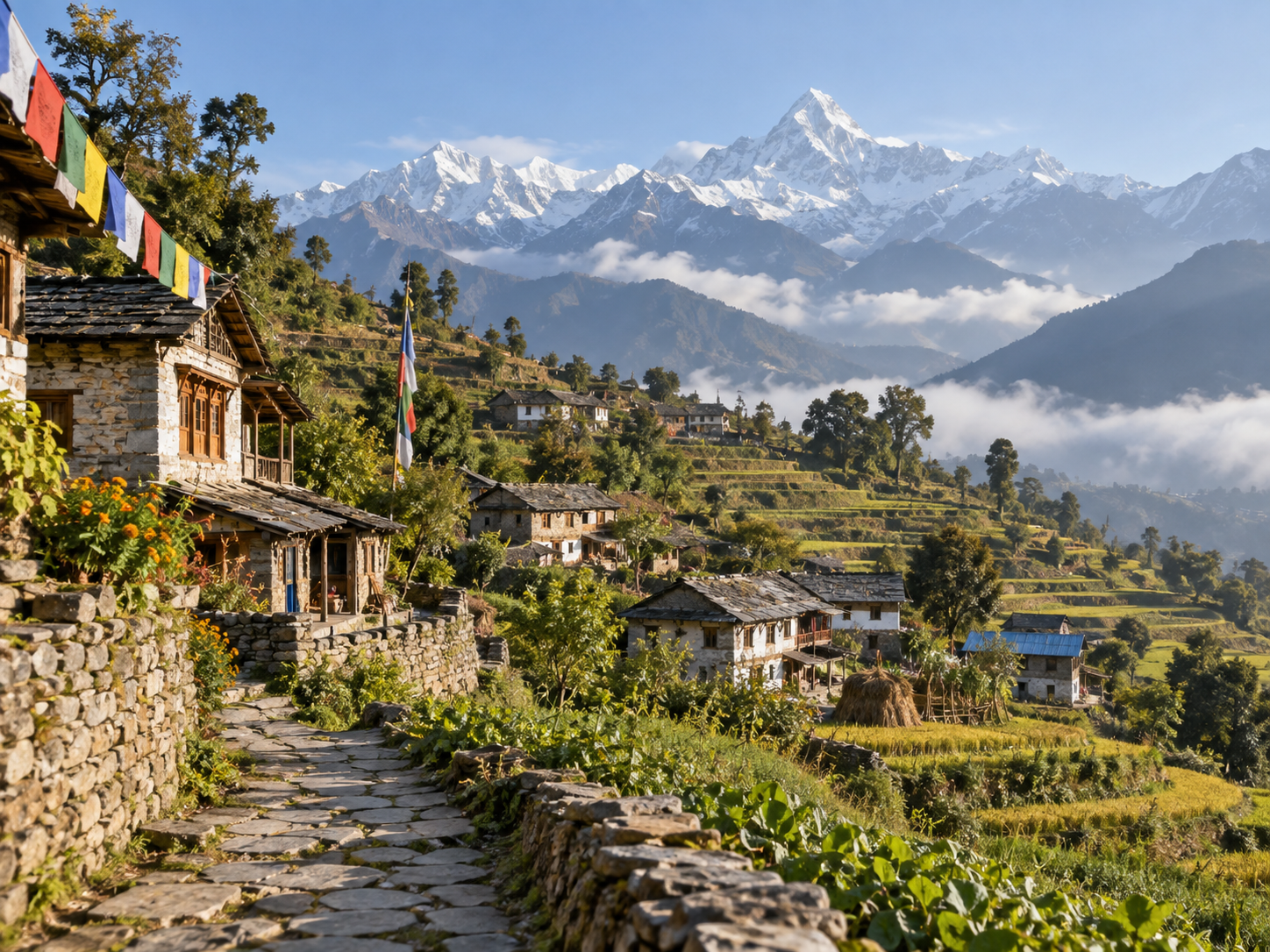 Illustrative image: mountain settlement with prayer flags